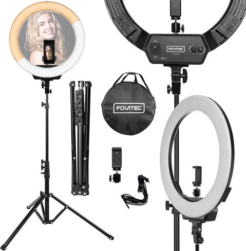 طقم إضاءة حلقية LED ثنائية اللون قابلة للتعتيم مقاس 19 بوصة من Fovitec مع ميكروفون Lavalier لمدونات الفيديو، ودروس التجميل، والبودكاست، والبث المباشر in Kuwait