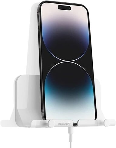Wall Mount Phone Holder with Cable Hole & Hooks, Adhesive Wall Phone Holder, Phone Charging Dock & Organizer for Bedroom, Bathroom, Kitchen, Office, Dorm & RV (White) in Kuwait