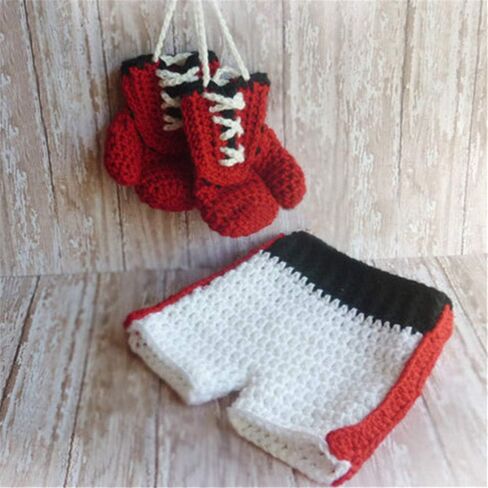 Newborn Photography Prop Infant Baby Boxing Gloves Pant Crochet Costume Knitted Shoot Outfits Knitted for 6-12 Months in Saudi Arabia