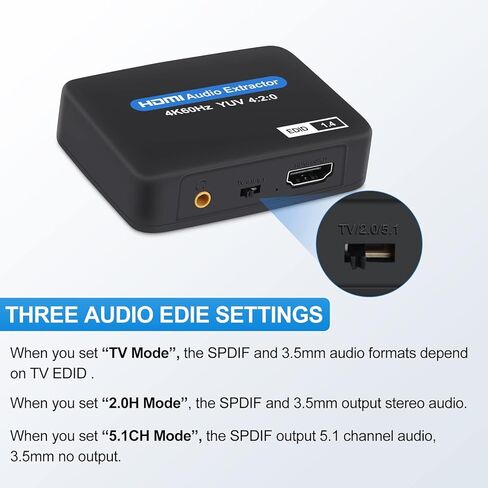 نيو كير جهاز استخراج صوت HDMI 4K عند 60 هرتز، HDMI الى HDMI + توسلينك بصري SPDIF + مخرج صوت 3.5 ملم، محول HDMI يدعم 1080P ثلاثي الابعاد متوافق مع فاير ستيك واكس بوكس واللابتوب in Kuwait