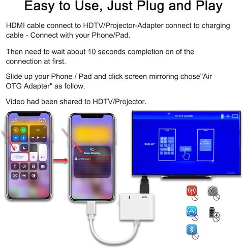 محول HDMI للايفون الى التلفزيون، محول ايه في رقمي 1080p لايفون (لا يحتاج الى طاقة) التوصيل والتشغيل، متوافق مع ايفون 13/12/11/X/8/8 بلس/7/7 بلس/ايباد يدعم iOS 15 in Kuwait