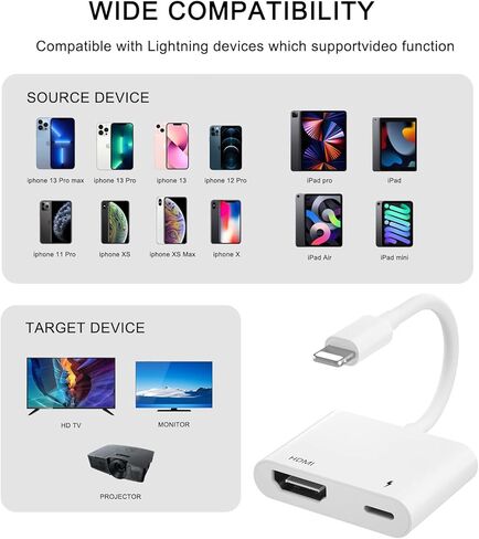 محول HDMI للايفون الى التلفزيون، محول ايه في رقمي 1080p لايفون (لا يحتاج الى طاقة) التوصيل والتشغيل، متوافق مع ايفون 13/12/11/X/8/8 بلس/7/7 بلس/ايباد يدعم iOS 15 in Kuwait