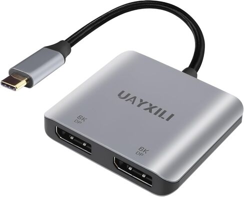 UAYXILI USB C إلى محول منفذ عرض مزدوج 8K60 هرتز، محول منفذ عرض MST 8K منفذ واحد 8K 60 هرتز، منافذ مزدوجة 4K 60 هرتز، منفذ عرض متعدد الشاشات 8K، C إلى 2DP 1.4 محول لماك بوك، Dell، LG، HP، in Kuwait