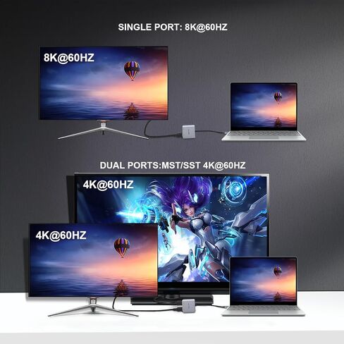UAYXILI USB C إلى محول منفذ عرض مزدوج 8K60 هرتز، محول منفذ عرض MST 8K منفذ واحد 8K 60 هرتز، منافذ مزدوجة 4K 60 هرتز، منفذ عرض متعدد الشاشات 8K، C إلى 2DP 1.4 محول لماك بوك، Dell، LG، HP، in Kuwait
