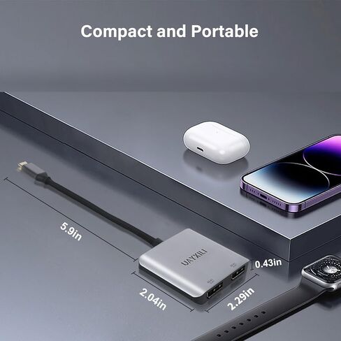 UAYXILI USB C إلى محول منفذ عرض مزدوج 8K60 هرتز، محول منفذ عرض MST 8K منفذ واحد 8K 60 هرتز، منافذ مزدوجة 4K 60 هرتز، منفذ عرض متعدد الشاشات 8K، C إلى 2DP 1.4 محول لماك بوك، Dell، LG، HP، in Kuwait