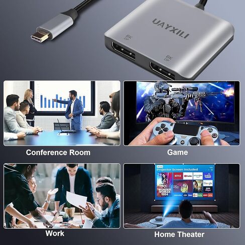 UAYXILI USB C إلى محول منفذ عرض مزدوج 8K60 هرتز، محول منفذ عرض MST 8K منفذ واحد 8K 60 هرتز، منافذ مزدوجة 4K 60 هرتز، منفذ عرض متعدد الشاشات 8K، C إلى 2DP 1.4 محول لماك بوك، Dell، LG، HP، in Kuwait