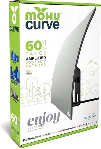 Mohu Curve - هوائي تلفزيون داخلي، نطاق 60 ميل، مضخم Jolt Switch، UHF VHF، متعدد الاتجاهات، 4K UHD، تلفزيون NEXTGEN - مع حامل أساسي، كابل بطول 10 أقدام in Kuwait