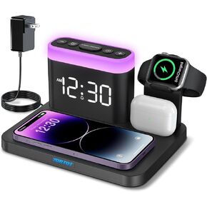 YORTOT 3 في 1 محطة شحن iPhone، محطة شحن لاسلكية، ساعة منبه ملونة و7 أضواء ليلية 0-100% باهتة، قاعدة شحن لهاتف iPhone، Samsung Phone، AirPods (كابل الساعة غير متضمن)