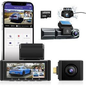 كاميرا داش AZDOME 4K 3 قنوات 3.18 بوصة LCD واي فاي مدمجة في نظام تحديد المواقع GPS، كاميرا داش 4k+1K أمامية وخلفية، رؤية ليلية بالأشعة تحت الحمراء WDR مجانية 64 جيجا بايت G-Sensor وضع انتظار السيارات 24 ساعة، سهلة التركيب، أسود، تدعم 128 جيجا بايت بحد أقص in Kuwait