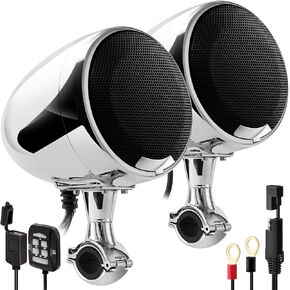 GoHawk AN4-X All-in-One Built-in Amplifier 4.5" Full Range Waterproof Bluetooth Motorcycle Stereo Speakers Audio Amp System, 1 to 1-1/4" Ape-Hanger Handlebar Harley Custom Touring Cruiser Chrome
