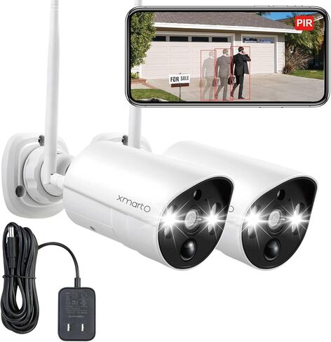 كاميرا أمان منزلية لاسلكية للكشف عن الحرارة من XMARTO، 2 حزمة، كاميرات واي فاي عالية الدقة 2K، رؤية ليلية ملونة بإضاءة الفيضانات، صوت ثنائي الاتجاه، صفارة إنذار بنقرة واحدة (مراقبة على مدار الساعة طوال أيام الأسبوع، حفظ إلى SD أو NVR أو Cloud، ww. Alexa،  in Kuwait
