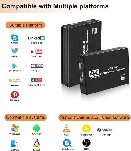 مويون بطاقة التقاط فيديو USB 3.0، 4K HDMI الى USB/نوع C مع ميكروفون وحلقة HDMI، بطاقة التقاط العاب للبث المباشر متوافقة مع نينتندو سويتش/ بلاي ستيشن 4/ او بي اس/ كاميرات الفيديو in Kuwait