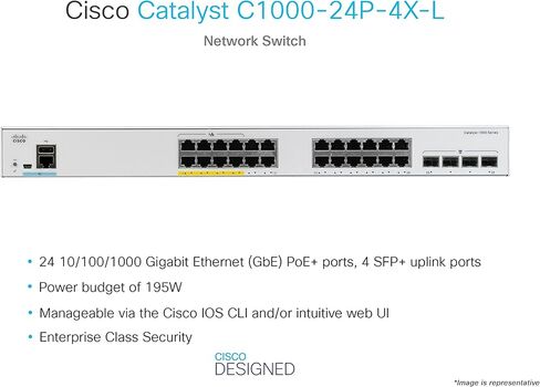 Cisco Catalyst 1000-24P-4X-L Network Switch, 24 Gigabit Ethernet PoE+ Ports, 195W PoE Budget, 4 10G SFP+ Uplink Ports, Fanless Operation, Enhanced Limited (C1000-24P-4X-L) in Saudi Arabia