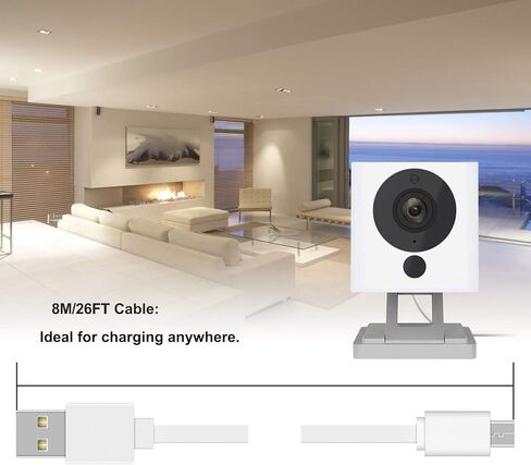 FASTSNAIL 2 Pack 26FT كابل تمديد الطاقة المسطح لـ WyzeCam، لـ WyzeCam V3، لـ WyzeCam Pan، لـ KasaCam NestCam Indoor، لـ Yi Cam، لشحن USB إلى Micro USB وسلك مزامنة البيانات مع مشابك سلكية in Kuwait