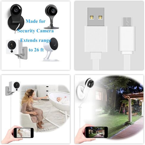 FASTSNAIL 2 Pack 26FT كابل تمديد الطاقة المسطح لـ WyzeCam، لـ WyzeCam V3، لـ WyzeCam Pan، لـ KasaCam NestCam Indoor، لـ Yi Cam، لشحن USB إلى Micro USB وسلك مزامنة البيانات مع مشابك سلكية in Kuwait