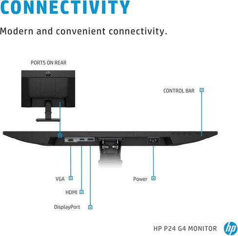 حزمة شاشة HP P24 G4 1A7E5AA#ABA مع قاعدة Docztorm، شاشة 24 بوصة FHD IPS (1920x1080)، معدل تحديث 60 هرتز، 1 HDMI 1.4، 1 منفذ عرض 1.2، 1 VGA، مثالية للعمل المكتبي، أسود (أحدث طراز 2023) in Saudi Arabia