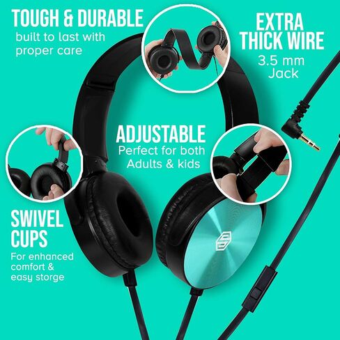 Sonitum Classroom Headphones-Bulk 10-Pack, Student On Ear Comfy Swivel Earphones for Library, School, Airplane, Kids-for Online Learning and Travel, HQ Stereo Sound 3.5mm Jack (Black with Microphone) in Kuwait