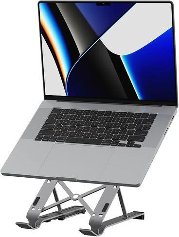 حامل كمبيوتر محمول من الألومنيوم قابل للطي من j5create مع محور USB بأربعة منافذ، وجهاز كمبيوتر محمول محمول مع 4 منافذ USB3.2 لأجهزة MacBook والكمبيوتر المحمول والهاتف والأجهزة اللوحية حتى 16 بوصة (JTS223) in Saudi Arabia