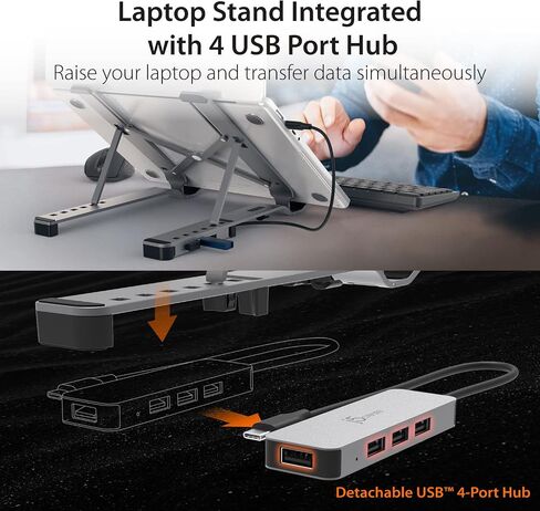 حامل كمبيوتر محمول من الألومنيوم قابل للطي من j5create مع محور USB بأربعة منافذ، وجهاز كمبيوتر محمول محمول مع 4 منافذ USB3.2 لأجهزة MacBook والكمبيوتر المحمول والهاتف والأجهزة اللوحية حتى 16 بوصة (JTS223) in Saudi Arabia