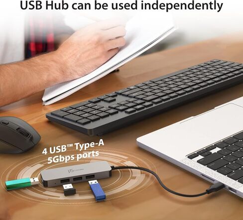 حامل كمبيوتر محمول من الألومنيوم قابل للطي من j5create مع محور USB بأربعة منافذ، وجهاز كمبيوتر محمول محمول مع 4 منافذ USB3.2 لأجهزة MacBook والكمبيوتر المحمول والهاتف والأجهزة اللوحية حتى 16 بوصة (JTS223) in Saudi Arabia