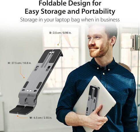 حامل كمبيوتر محمول من الألومنيوم قابل للطي من j5create مع محور USB بأربعة منافذ، وجهاز كمبيوتر محمول محمول مع 4 منافذ USB3.2 لأجهزة MacBook والكمبيوتر المحمول والهاتف والأجهزة اللوحية حتى 16 بوصة (JTS223) in Saudi Arabia