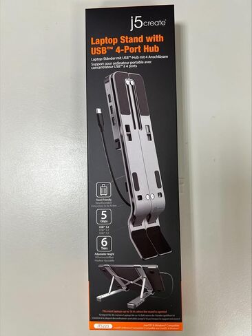 حامل كمبيوتر محمول من الألومنيوم قابل للطي من j5create مع محور USB بأربعة منافذ، وجهاز كمبيوتر محمول محمول مع 4 منافذ USB3.2 لأجهزة MacBook والكمبيوتر المحمول والهاتف والأجهزة اللوحية حتى 16 بوصة (JTS223) in Saudi Arabia