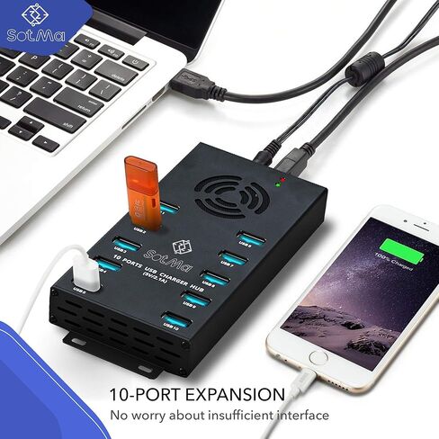 محور USB 3.0 بتصميم مميز - حماية متعددة الأمان، محور USB 3.0 يعمل بـ 10 منافذ مع محول تيار متردد - مقسم USB مع مروحة تبريد وأقواس تثبيت - الألومنيوم - محور لأجهزة متعددة in Kuwait