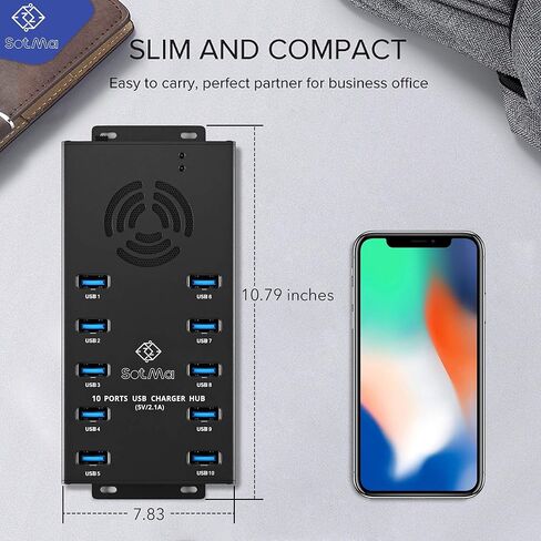 محور USB 3.0 بتصميم مميز - حماية متعددة الأمان، محور USB 3.0 يعمل بـ 10 منافذ مع محول تيار متردد - مقسم USB مع مروحة تبريد وأقواس تثبيت - الألومنيوم - محور لأجهزة متعددة in Kuwait