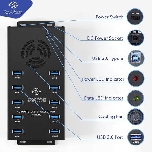 محور USB 3.0 بتصميم مميز - حماية متعددة الأمان، محور USB 3.0 يعمل بـ 10 منافذ مع محول تيار متردد - مقسم USB مع مروحة تبريد وأقواس تثبيت - الألومنيوم - محور لأجهزة متعددة in Kuwait