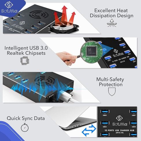 محور USB 3.0 بتصميم مميز - حماية متعددة الأمان، محور USB 3.0 يعمل بـ 10 منافذ مع محول تيار متردد - مقسم USB مع مروحة تبريد وأقواس تثبيت - الألومنيوم - محور لأجهزة متعددة in Kuwait