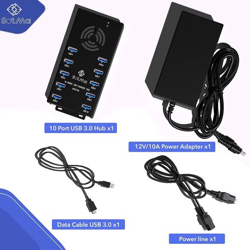 محور USB 3.0 بتصميم مميز - حماية متعددة الأمان، محور USB 3.0 يعمل بـ 10 منافذ مع محول تيار متردد - مقسم USB مع مروحة تبريد وأقواس تثبيت - الألومنيوم - محور لأجهزة متعددة in Kuwait