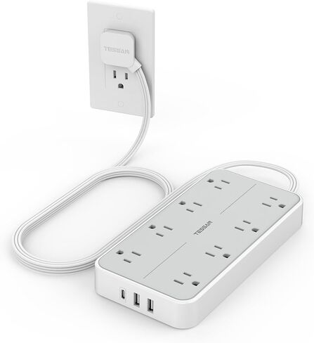 Flat Plug 15 FT Extension Cord, TESSAN Surge Protector Power Strip with 8 AC and 3 USB Ports, 1875W, 15A, 1080J, Wall Mount Widely Spaced Charging Station for Home, Office, Indoor, School, Dorm Room in Saudi Arabia