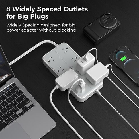 Flat Plug 15 FT Extension Cord, TESSAN Surge Protector Power Strip with 8 AC and 3 USB Ports, 1875W, 15A, 1080J, Wall Mount Widely Spaced Charging Station for Home, Office, Indoor, School, Dorm Room in Saudi Arabia