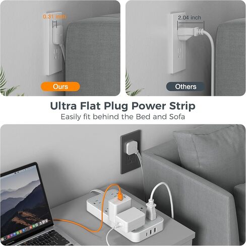 Flat Plug 15 FT Extension Cord, TESSAN Surge Protector Power Strip with 8 AC and 3 USB Ports, 1875W, 15A, 1080J, Wall Mount Widely Spaced Charging Station for Home, Office, Indoor, School, Dorm Room in Saudi Arabia