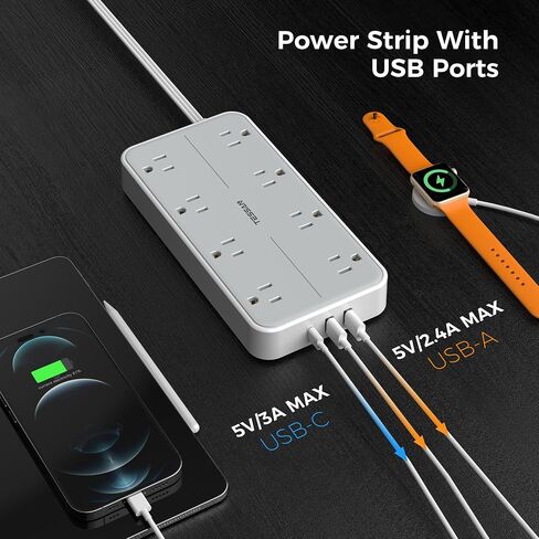Flat Plug 15 FT Extension Cord, TESSAN Surge Protector Power Strip with 8 AC and 3 USB Ports, 1875W, 15A, 1080J, Wall Mount Widely Spaced Charging Station for Home, Office, Indoor, School, Dorm Room in Saudi Arabia