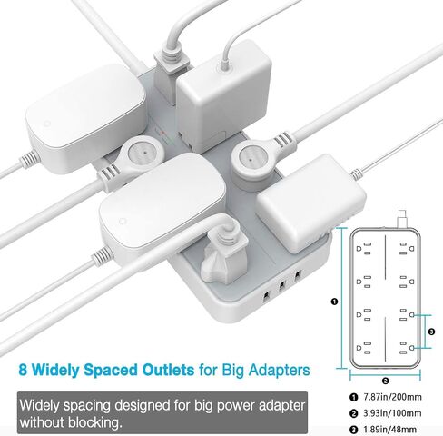 TESSAN Power Strip Surge Protector, 6FT Flat Plug Extension Cord | 8 Outlets 3 USB Charger 1 USB C, 1080 Joules Protection, Wall Mountable for Home Office School Dorm Room Essentials, Gray in Saudi Arabia