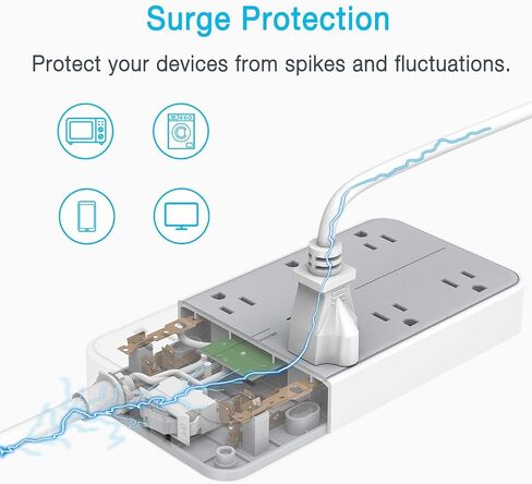 TESSAN Power Strip Surge Protector, 6FT Flat Plug Extension Cord | 8 Outlets 3 USB Charger 1 USB C, 1080 Joules Protection, Wall Mountable for Home Office School Dorm Room Essentials, Gray in Saudi Arabia