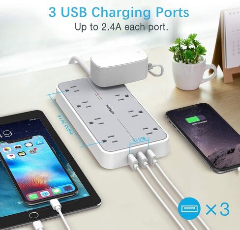 TESSAN Power Strip Surge Protector, 6FT Flat Plug Extension Cord | 8 Outlets 3 USB Charger 1 USB C, 1080 Joules Protection, Wall Mountable for Home Office School Dorm Room Essentials, Gray in Saudi Arabia
