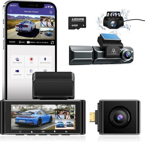 كاميرا داش AZDOME 4K 3 قنوات 3.18 بوصة LCD واي فاي مدمجة في نظام تحديد المواقع GPS، كاميرا داش 4k+1K أمامية وخلفية، رؤية ليلية بالأشعة تحت الحمراء WDR مجانية 64 جيجا بايت G-Sensor وضع انتظار السيارات 24 ساعة، سهلة التركيب، أسود، تدعم 128 جيجا بايت بحد أقص in Kuwait