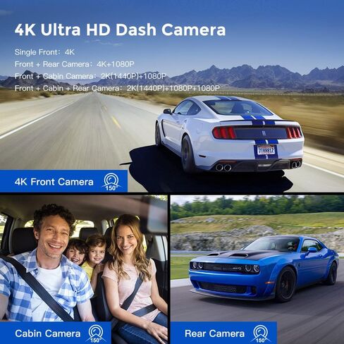 كاميرا داش AZDOME 4K 3 قنوات 3.18 بوصة LCD واي فاي مدمجة في نظام تحديد المواقع GPS، كاميرا داش 4k+1K أمامية وخلفية، رؤية ليلية بالأشعة تحت الحمراء WDR مجانية 64 جيجا بايت G-Sensor وضع انتظار السيارات 24 ساعة، سهلة التركيب، أسود، تدعم 128 جيجا بايت بحد أقص in Kuwait