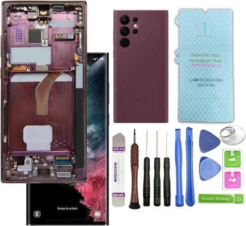 شاشة R RONPHONE لهاتف Samsung Galaxy S22 Ultra LCD مع إطار شاشة LCD أصلية محول رقمي شاشة تعمل باللمس (عنابي) in Kuwait