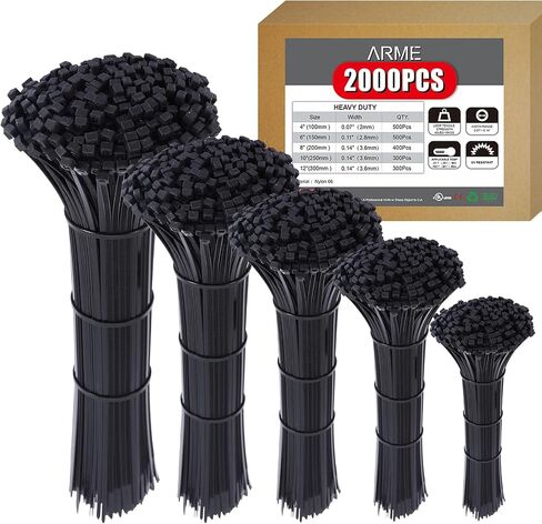 Heavy Duty Zip Ties，2000 QTY/Pack Black Cable Zip Ties, Cable Zip Ties Nylon Self-Locking Black Ties,High-Strength Cable Zip Ties Assorted Sizes for Outdoor&Indoor Use(4"+6"+8"+10"+12") in Kuwait