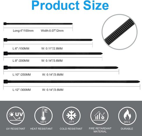 Heavy Duty Zip Ties，2000 QTY/Pack Black Cable Zip Ties, Cable Zip Ties Nylon Self-Locking Black Ties,High-Strength Cable Zip Ties Assorted Sizes for Outdoor&Indoor Use(4"+6"+8"+10"+12") in Kuwait