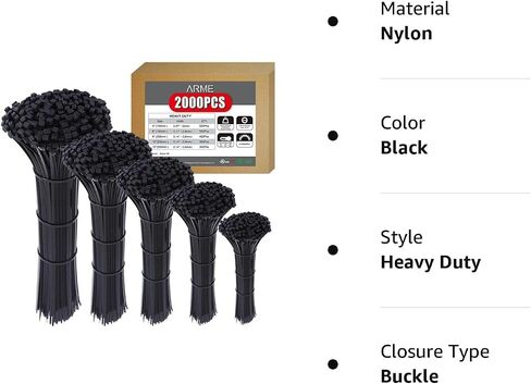 Heavy Duty Zip Ties，2000 QTY/Pack Black Cable Zip Ties, Cable Zip Ties Nylon Self-Locking Black Ties,High-Strength Cable Zip Ties Assorted Sizes for Outdoor&Indoor Use(4"+6"+8"+10"+12") in Kuwait