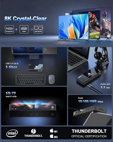 قاعدة Thunderbolt 4، محطة إرساء IVIIN Thunderbolt 4، شاشة مزدوجة 4K أو مفردة 8K@60 هرتز، محور Thunderbolt 4 16 في 1 مع كمبيوتر محمول USB C لشحن 85 وات متوافق مع MacBook Dell Hp، Thunderbolt 3 Dock in Kuwait