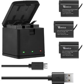 بطارية بديلة مطورة من Vemico Gopro Hero 7/6/5 بقدرة 1500 مللي أمبير في الساعة (3 عبوات) وشاحن USB ثلاثي القنوات LED من النوع C لـ Gopro Hero 7 Black/Hero 6/Hero 5/Hero 2018 أسود in Kuwait