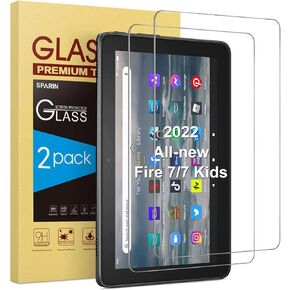 واقي شاشة SPARIN مكون من قطعتين متوافق مع جهاز Fire 7/Fire 7 Kids Tablet الجديد كليًا (الجيل الثاني عشر، إصدار 2022) مقاس 7 بوصة، زجاج مقسى/مضاد للخدش in Kuwait