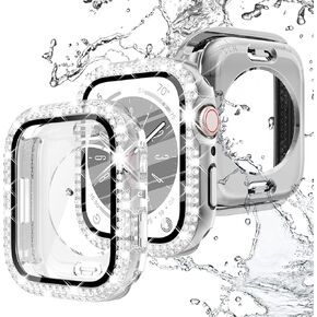عبوة من قطعتين لساعة Apple Watch المقاومة للماء مقاس 40 مم، حافظة حماية للشاشة SE 6 5 4، [2 في 1] غطاء وجه iWatch الصلب من البولي كربونات اللامعة للنساء، مصد أمامي وخلفي مع زجاج مقسى، ضوء النجوم/شفاف