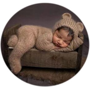 Zeroest Newborn Boy Photoshoot Outfits and Props Bear Bonnet with Footed Romper Infant Baby Photography Crochet Knitted Set