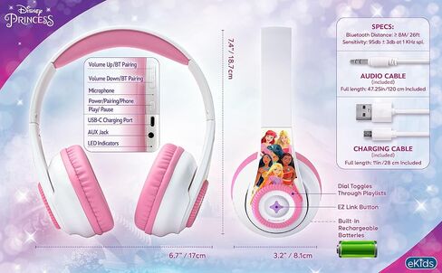 eKids Disney Princess Bluetooth Headphones with EZ Link+, Wireless Headphones with Microphone and Audio Cable, Kids Headphones for School, Home, or Travel in Saudi Arabia